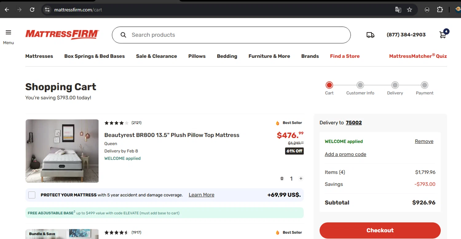 Mattress Firm promo code screenshot showing code WELCOME applied at Mattress Firm checkout page. Uploaded by SimplyCodes community member RoyalSpotter5217 on Feb 6, 2025